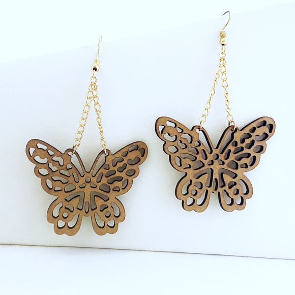 Earrings Butterfly Wood Boho Filigree Brown Gold Tone Spring Summer Gorpcore - Picture 2 of 4